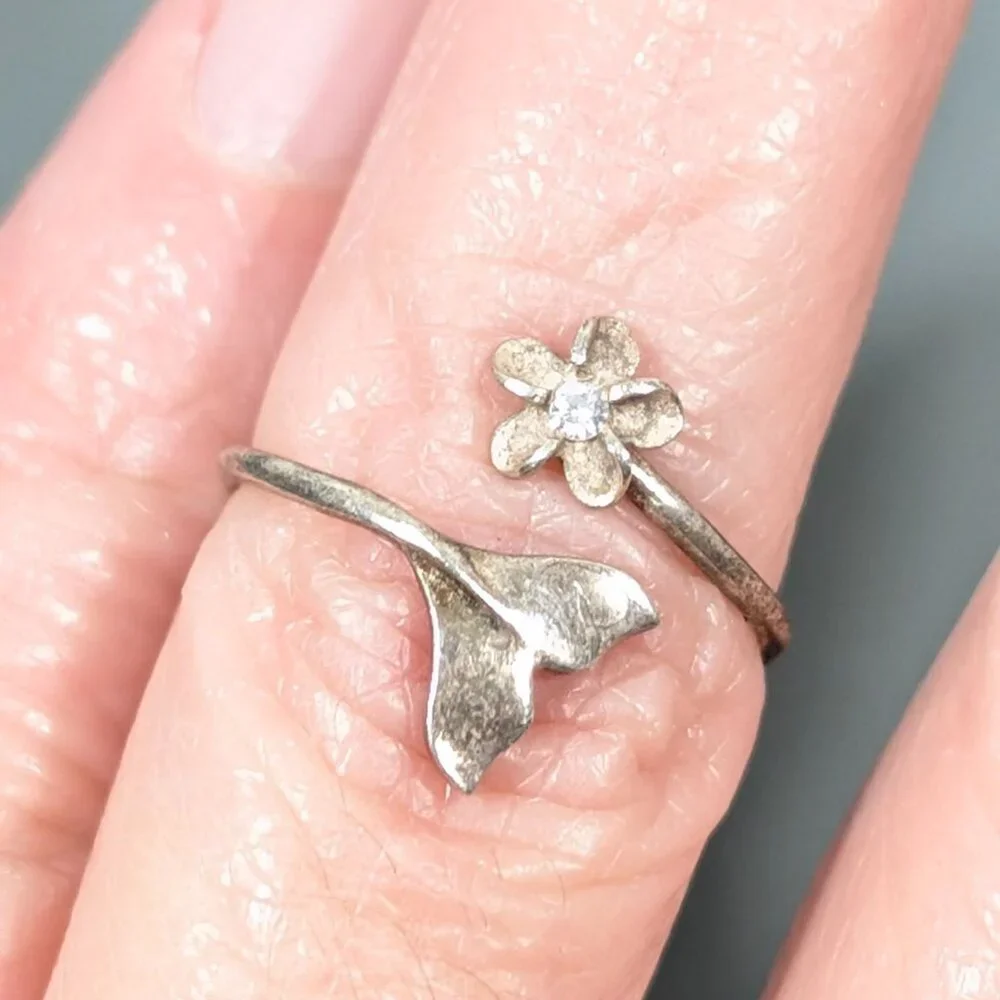 Sterling Silver 925 Flower Dolphin Tale Bypass Wrap Ring‎ Size 5  Boho Surfer